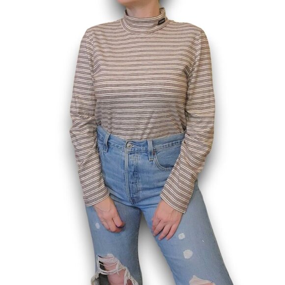 STUSSY Brown Striped Long Sleeve Turtleneck Tee - Picture 1 of 11